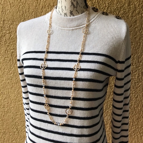 GAP Black & Cream Striped Long Sleeve Sweater Top & New Necklace, M - Picture 4 of 12